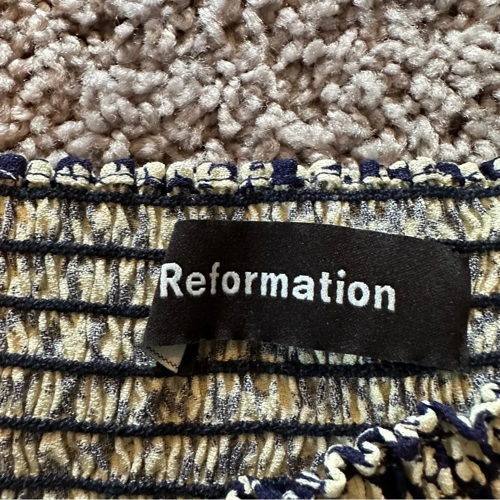 Reformation Navy and Cream Floral Smocked Long-Sleeve Crop Top